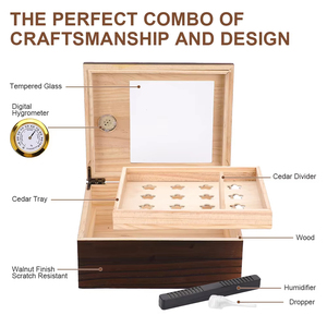 Humidor de madera para cigarros con tapa de cristal, higrómetro y divisor, caja específica para cigarros, estuche de almacenamiento de madera para el hogar, con capacidad para 20-50 cigarros. - Product Image 1