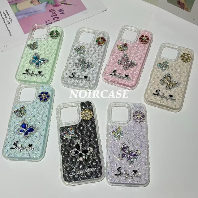 3D Butterfly Rhinestone Glitter Phone Case Bling Diamond Inlaid Lace Texture Shockproof TPU Clear Cover For iPhone Samsung