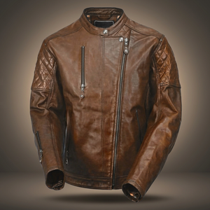 Men's Brown Leather Biker <b>Jacket</b> Full Sleeve Windproof Retro Cafe <b>Racer</b> Style All Seasons Wear - Product Image 1