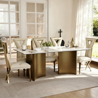 Table à manger rectangulaire moderne avec plateau en verre trempé, pieds en métal incurvé doré, table à manger minimaliste pour la salle à manger à domicile