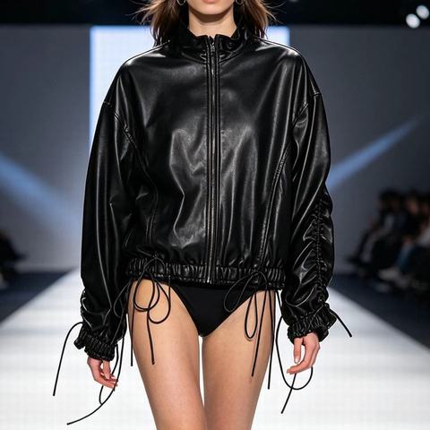 HN6168 Drawstring Design Versatile Women's Genuine Leather Coat Tanned Sheepskin Drop-shoulder Wide-cut Jacket