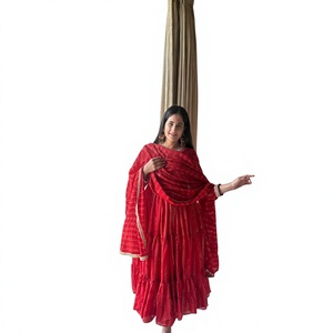 Red Cotton <b>Kurta</b> Set <b>Women</b> Traditional Loose Fit Ethnic Wear India Pakistan Midi Length Stretchable Ankle-Length Style - Product Image 1