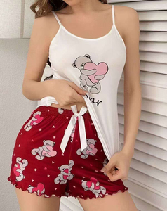 Conjunto de pijama de 2 piezas sin mangas y pantalones cortos de manga corta para mujer al por mayor, ropa de dormir de secado rápido con estampado de dibujos animados de verano con cintura elástica - Product Image 4