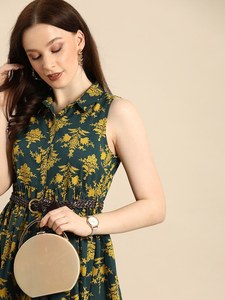 Oferta Especial: Vestido Ramas Kurtis para Mujer, de Algodón Puro, Verde y Amarillo con Estampado Floral, Sin Mangas, Estilo Gótico - Product Image 5