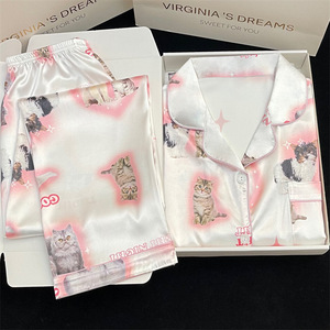 S0172R nuovo <span class=keywords><strong>pigiama</strong></span> sottile estivo <span class=keywords><strong>con</strong></span> <span class=keywords><strong>stampa</strong></span> di gatto carino da donna può essere indossato come capospalla in seta temperamento <span class=keywords><strong>pigiama</strong></span> comodo da donna - Product Image 2