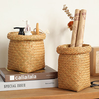 Panier de rangement rustique multi-usages en herbe de jonc naturelle tressée à la main, écologique, avec poignée en cuir, plusieurs tailles, vente en gros