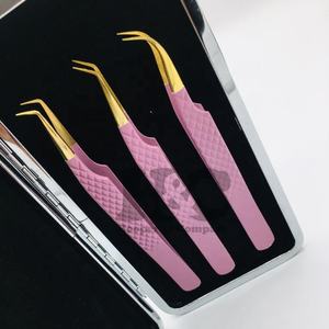 Pinzas de extensión de pestañas con logotipo personalizado con punta dorada, mango de agarre de diamante rosa, acero inoxidable, pinzas con logotipo personalizado de visón - Product Image 4