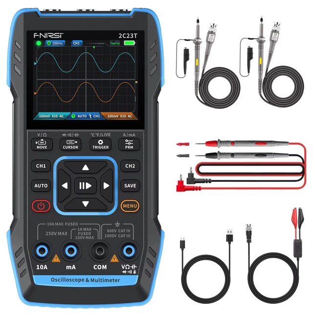 Portable Dual Channel 3 1/10MHz*2 50MS/s Digital Oscilloscope with Signal Generator Handheld Multimeter 2C23T Features