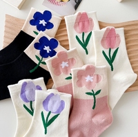 Kaus kaki anak perempuan, busana lucu kaus kaki gadis, baju jalan, pola, gaya Korea, baru Crew bunga Tulip, 86% katun kasual standar