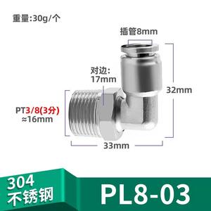 Фитинги-колена <span class=keywords><strong>PL</strong></span> 8-02 для грузовиков, нержавеющая сталь 304, PT 1/4 - Product Image 3