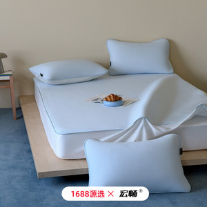 Hongchang Ice <b>Silk</b> Fitted <b>Sheet</b> 1.2m 1.5m 1.8m Cooling Summer Bedding Set Light Oxygen Blue Simple Style - Product Image 1