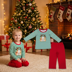 Vêtements de Noël pour enfants, ensemble chemise à rayures brodée avec un chien et pantalon rouge pour bébés garçons - Product Image 1
