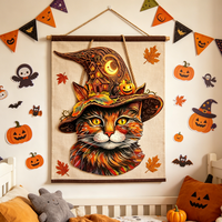 Panneau décoratif mural en bois 2D fait main et durable pour Halloween, motif chat en chapeau, pour porte d'entrée et usage intérieur