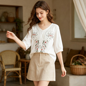 Blusa Blanca Floral para Mujer, Cuello en V, Manga Raglán, Estilo Bohemio, Transpirable, de Algodón, Estilo Coreano, para Primavera/Verano, Informal - Product Image 2