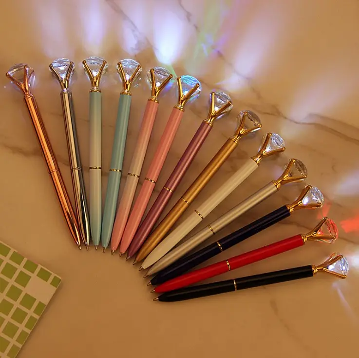 Fashion led Big Diamond Crystal Pen Gem Ballpoint Pen Wedding gifts Office Metal Ring Light Crystal Ball Pen