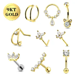 TOPOSH 9k Gold Belly Button Rings Cute Ear Stud Rings Rook Barbell Butterfly Nose Stud Gold L Bend Piercing Nose Rings Hoops