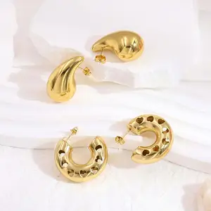 Huggie Earrings With Statement Hollow Heart Design Geometry Tear Drop Shape Earrings 18K Gold Plated Chunky Hoop Earrings