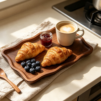 Assiette en bois d'acacia très vendue avec 4 plateaux à dessert à bords ondulés – Solution cadeau pour la cuisine