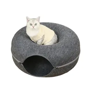 Uxury-túnel de fieltro con forma de donut para gato, cama de arena con forma de donut, color gris