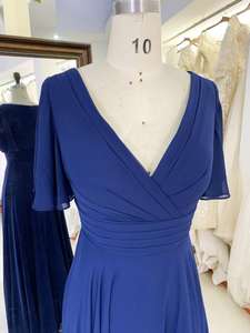 Robe de mariée ou de demoiselle d'honneur en mousseline de soie <span class=keywords><strong>bleu</strong></span> <span class=keywords><strong>marine</strong></span>, taille plus, manches courtes, coupe trapèze, plissée à la main - Product Image 6