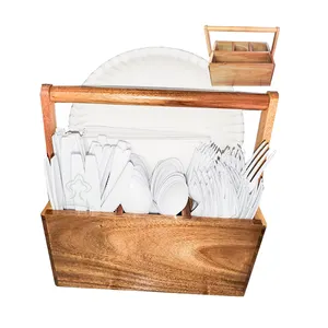 ארגז כלים מעץ שיטה עם מחזיק וידית מפיות, סל פיקניק מעץ למטבח ולטיול קמפינג