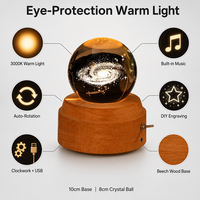 Lámpara de Noche de Bola de Cristal Grabada con Láser 3D, Rotación Automática, LED Cálido, Mecanismo de Relojería Musical, Recargable por USB, Base de Madera de Haya