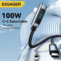 Kabel pengisi daya Cepat PD 100W, USB Tipe C ke USB C, kabel pengisian daya cepat, sudut kanan 90 derajat, kabel Display Digital LED untuk ponsel Laptop