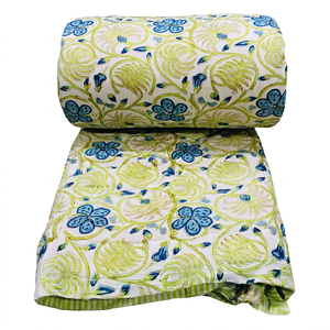Modern Fluffy Printed <b>Quilt</b> with Blue Floral Green Vine Pattern on White Background Reversible for Home & Hotel Use All-Season - Product Image 1