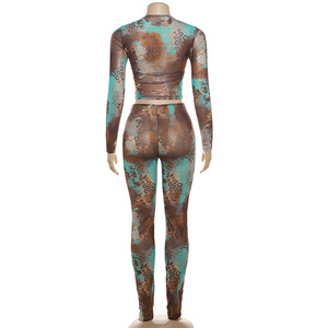 Gradient Lưới In 2 Mảnh Thiết Lập Phụ Nữ Hấp Dẫn Dài Tay Áo Crew Cổ T-Shirts + Slim Cao Eo Quần Nữ Xu Hướng Trang Phục - Product Image 6