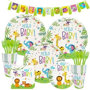 16 invités 1st Bébé Douche Jungle <span class=keywords><strong>Safari</strong></span> Animaux Jetable Vaisselle Plaque Tasse Serviette Bonjour Bébé Heureux de Fête D'<span class=keywords><strong>anniversaire</strong></span> Décoration - Product Image 1