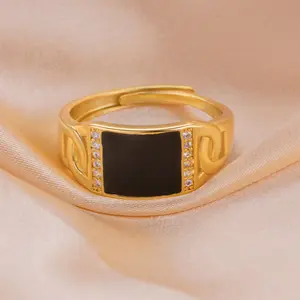 حلقة زيركون سوداء منحنية بتصميم جديد مربعة رائعة مطلية بالذهب حجم قابل للتعديل ملحقات أنيقة للخطوبة أو الهدايا