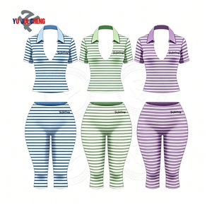 Completo da Vacanza Y2K a Righe, Set 2 Pezzi con Top Corto a V in Cotone e Spandex, Abbigliamento Fitness per Donna - Product Image 2