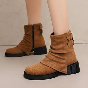 Botines de mujer con punta redonda y tacón grueso, de ante sintético, con hebilla y cremallera, de color liso, antideslizantes, envío directo - Product Image 2