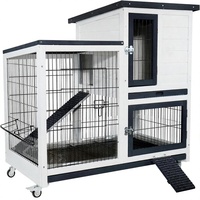 Cage à lapins en bois à 2 étages avec toit en asphalte, barrières anti-urine et double bac |   Rampe résistante aux morsures avec 5 portes d'accès et roues verrouillables