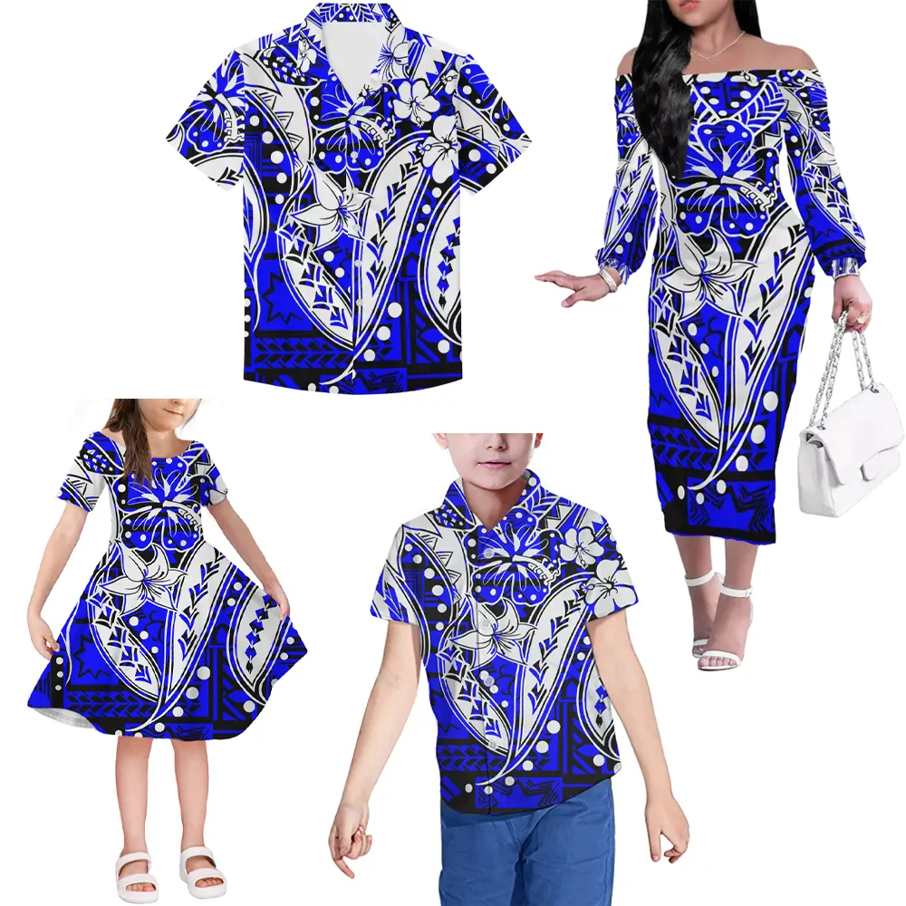 POD Coppia Vestito di Abbigliamento Per Adulti abbigliamento Per Bambini 4-pezzi Set Polinesia Disegno Tribale Vestito Degli Uomini Camicia Casuale Famiglia set