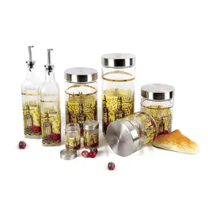 8 Pieces Cylinder Custom Decal Glass Storage Jars Oil Vinegar Salt Pepper Shaker Glass Condiment Set For USA Market
