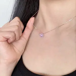 Romantic Delicate 925 Sterling Silver Claw Setting Gemstone Pink Zircon Cherry Blossom Flower Cut Zircon Charms Necklace