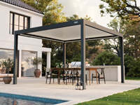 Pergola bioclimatique en aluminium blanc 4x4m motorisée avec toit à lamelles LED, fixation murale pour patio extérieur, jardin, terrasse, ombrage de jardin