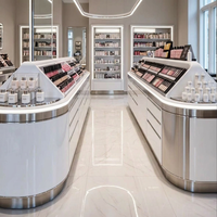 Comptoir de présentation incurvé pour cosmétiques et maquillage, avec finition en acier inoxydable, pour boutique et expérience de vente au détail, taille personnalisée
