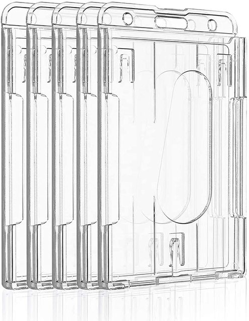 High Quality Vertical Polycarbonate ID Card Badge Holder 2 Card Slots Thumb Slot Customized Logo Crystal Clear Transparent