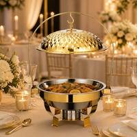 Plat de service doré avec couvercle suspendu, brûleur à alcool, chauffe-plats de buffet, rond en acier inoxydable, pour traiteur et événements, vente en gros