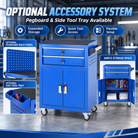 Armoire à outils roulante en acier robuste, bleue, avec revêtement en poudre, 2 tiroirs, double porte, verrouillable, pour atelier de réparation automobile