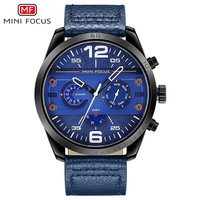 MINI FOCUS 0068 montre de mode bleu hommes montre à Quartz Vive bracelet en cuir véritable calendrier 24 heures personnage sport montre Reloj