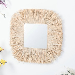 Raffia Round Woven <b>Mirror</b> Aluminum Lens Framed Wall <b>Hanging</b> Decor For Living Room Entryway Studio Home - Product Image 1