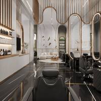 Salon de coiffure moderne de luxe léger, design intérieur complet, cloison en métal or champagne, comptoir de réception incurvé, mobilier de barbier
