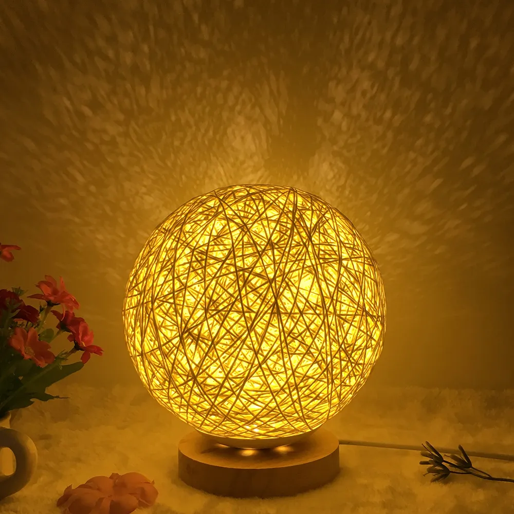 Neon New Modern Simple Solid Wood Rattan Ball Bedside Lamp Bedroom Decoration LED RGB 3D Hemp Twine Rattan Ball Table Lamp