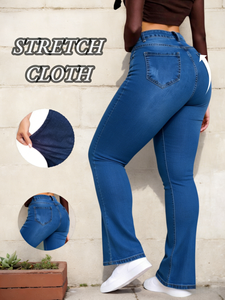 Jeans Negros Acampanados de Tela Elástica para Mujer, Pantalones de Mezclilla Elásticos de Cintura Alta, Moda Urbana, Corte Ajustado de Longitud Completa - Product Image 3