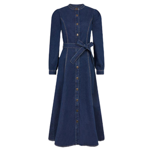 Robes décontractées en jean pour femmes, personnalisables en usine, bleu campagnard, à manches longues, longueur ras du sol, lavage enzymatique, méthode <span class=keywords><strong>de</strong></span> tissage. - Product Image 3