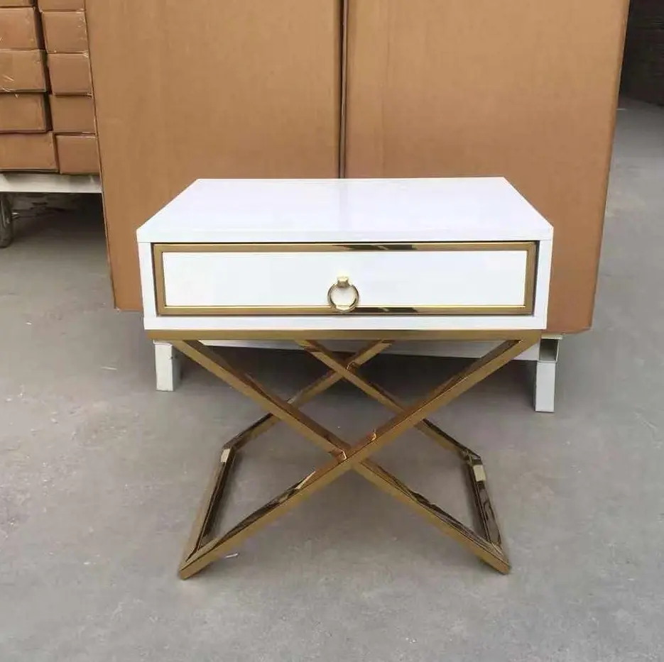 modern storage night stand table gold and white bedside with metal crossed legs