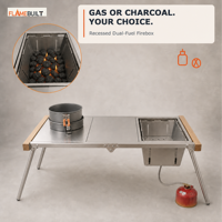 Mesa de Camping Dobrável 2 em 1 FLAMEBUILT com Churrasqueira a Carvão em Aço Inoxidável e Construção em Madeira 100 cm Modular IGT com Acabamento em Madeira